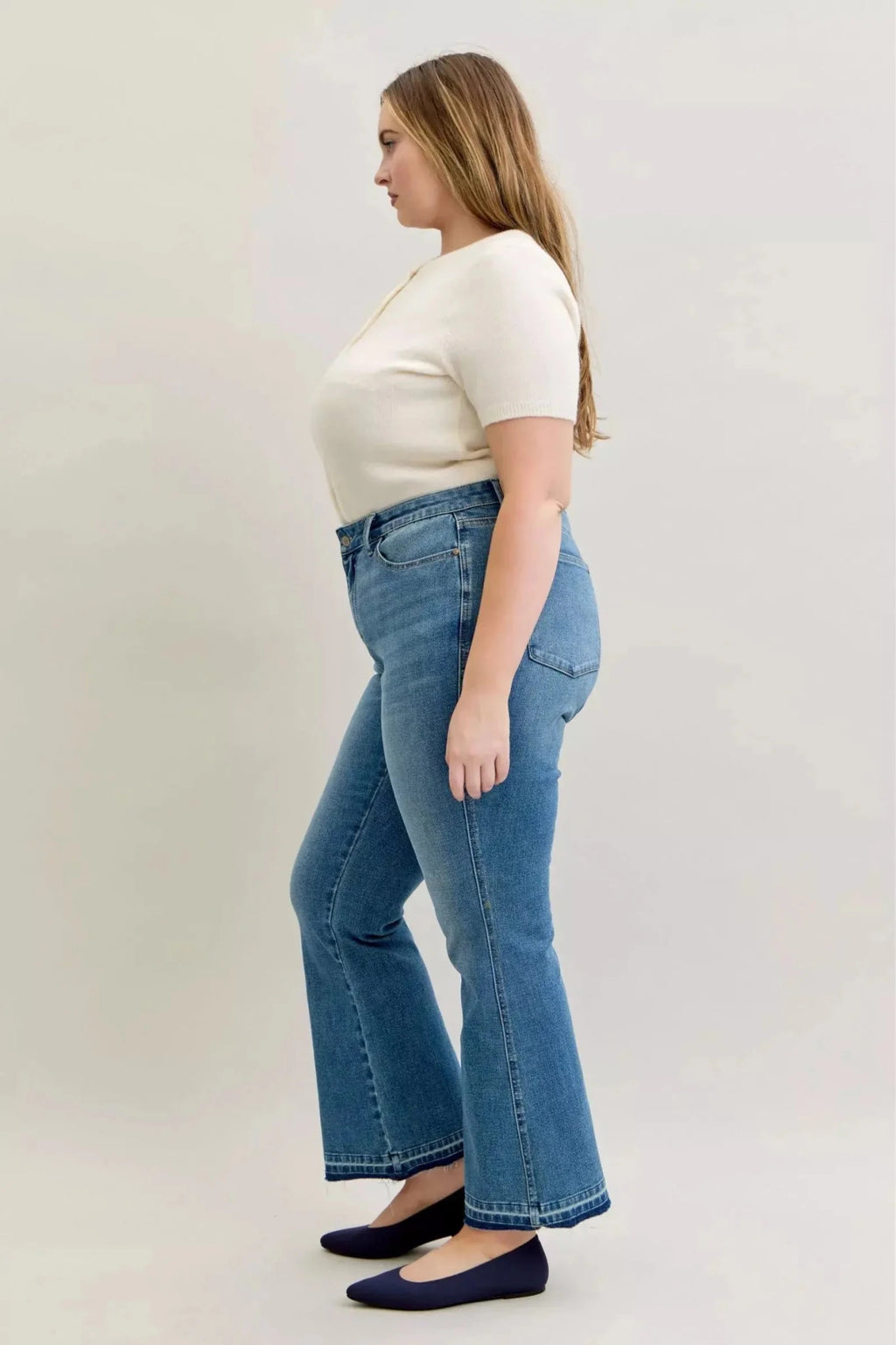 Judy Blue Full Size Mid Rise Slim Bootcut Tummy Control Release Hem Jeans Plus Size - Charmdeals