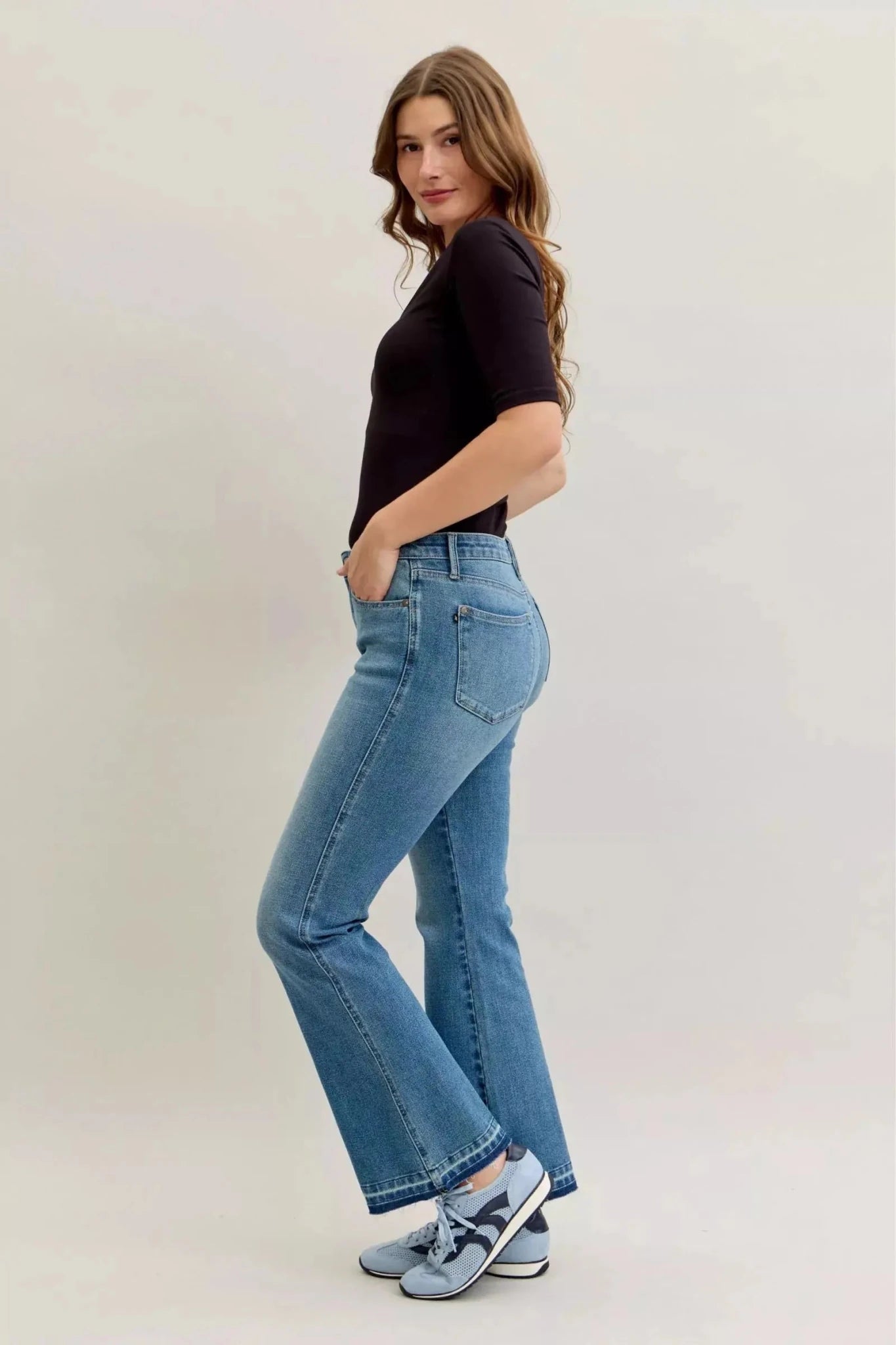 Judy Blue Full Size Mid Rise Slim Bootcut Tummy Control Release Hem Jeans Plus Size - Charmdeals