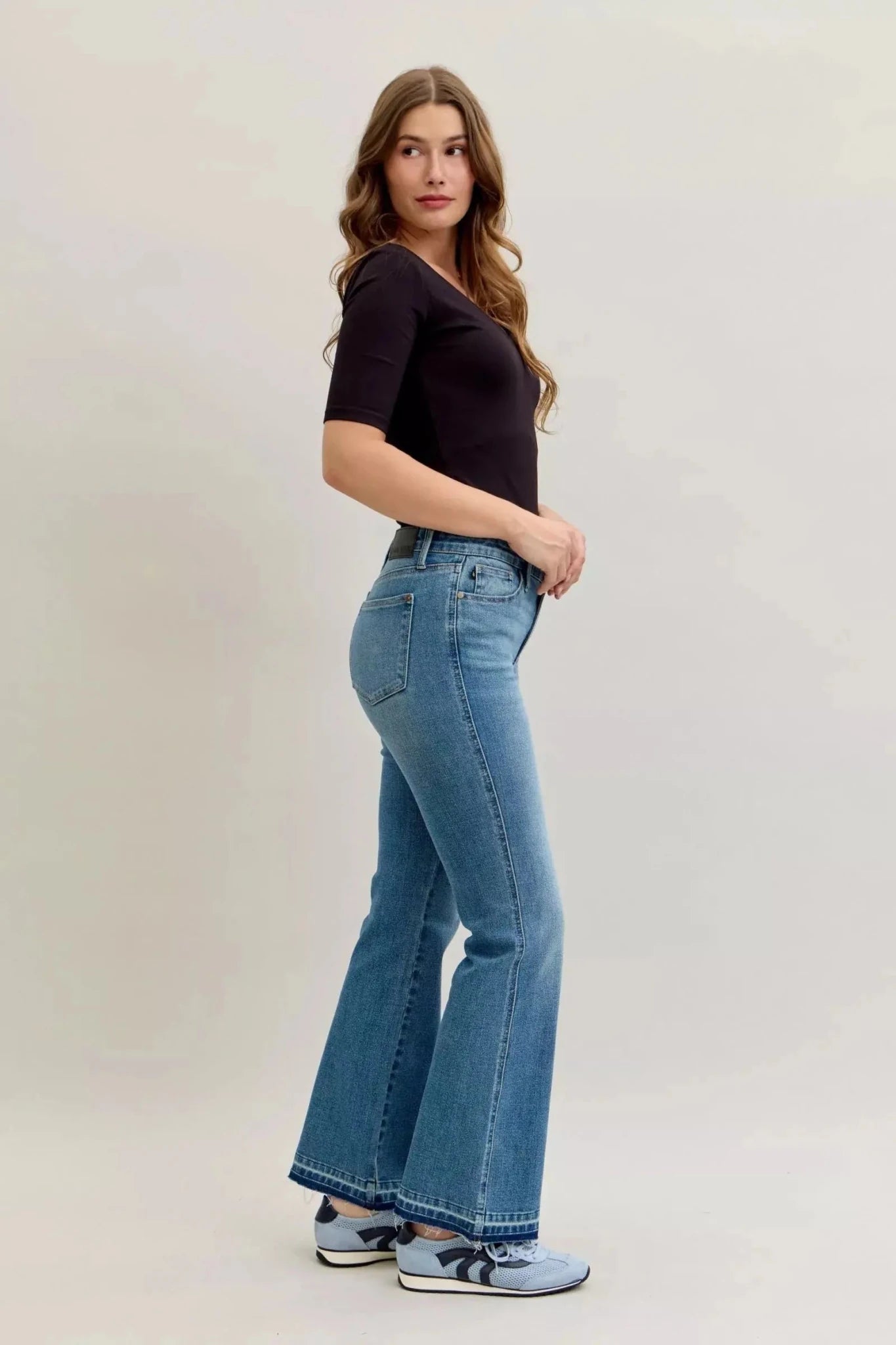 Judy Blue Full Size Mid Rise Slim Bootcut Tummy Control Release Hem Jeans Plus Size - Charmdeals
