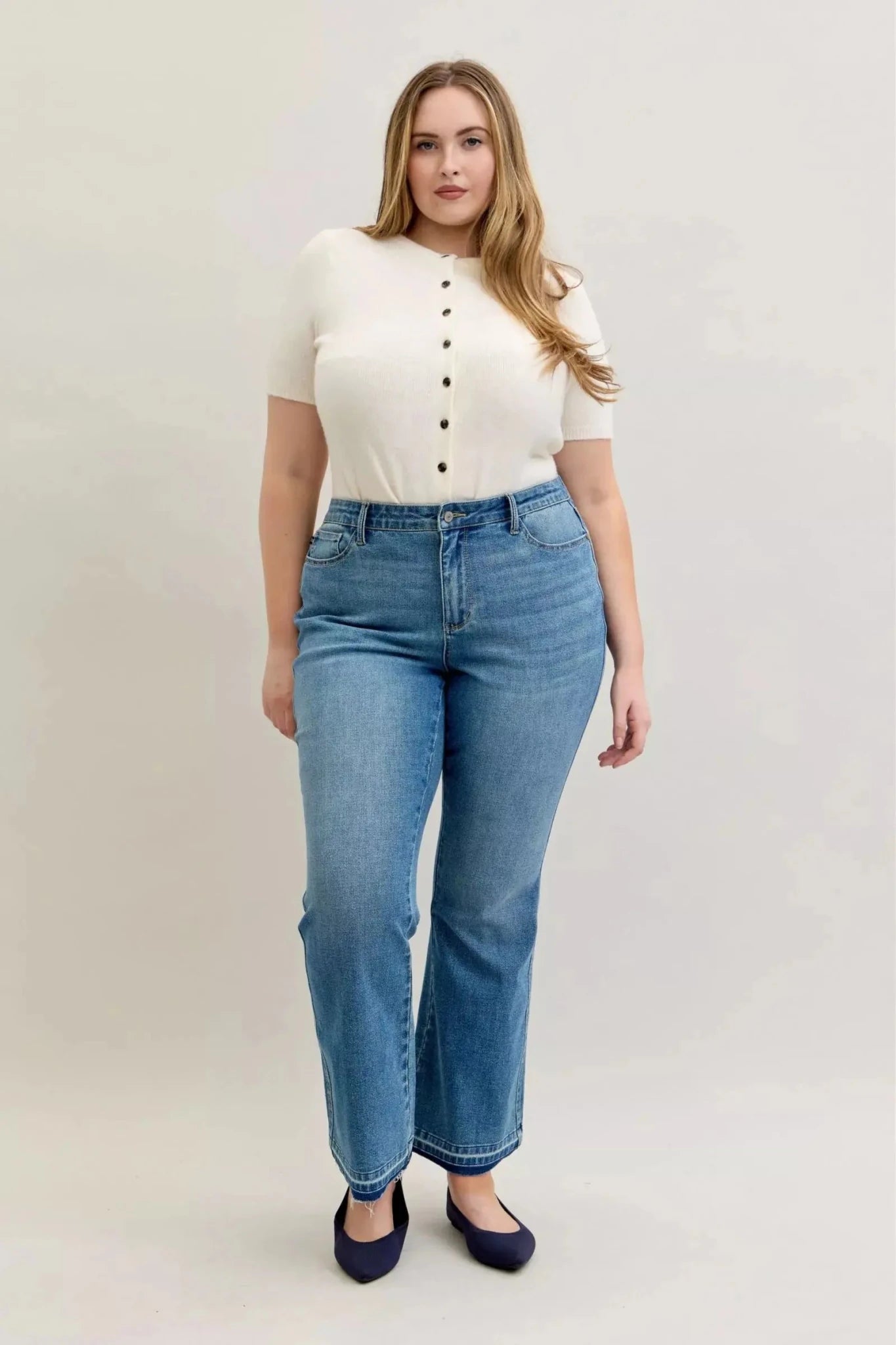 Judy Blue Full Size Mid Rise Slim Bootcut Tummy Control Release Hem Jeans Plus Size - Charmdeals