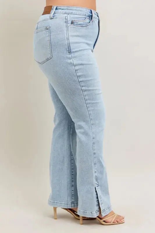 Judy Blue Full Size Tummy Control Vintage Wash Side Slit Slim Boot Jeans Plus Size - Charmdeals