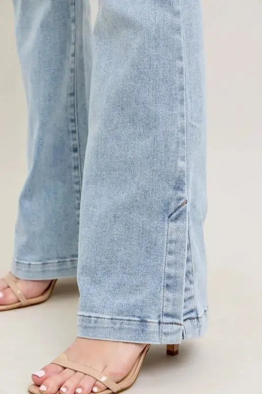 Judy Blue Full Size Tummy Control Vintage Wash Side Slit Slim Boot Jeans Plus Size - Charmdeals