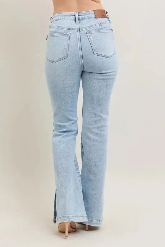 Judy Blue Full Size Tummy Control Vintage Wash Side Slit Slim Boot Jeans Plus Size - Charmdeals