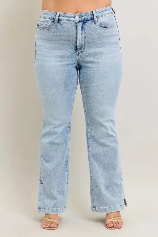 Judy Blue Full Size Tummy Control Vintage Wash Side Slit Slim Boot Jeans Plus Size - Charmdeals