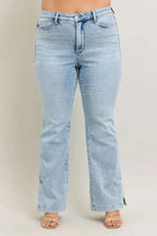 Judy Blue Full Size Tummy Control Vintage Wash Side Slit Slim Boot Jeans Plus Size - Charmdeals