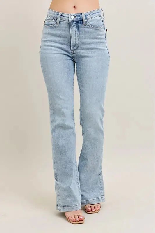 Judy Blue Full Size Tummy Control Vintage Wash Side Slit Slim Boot Jeans Plus Size - Charmdeals