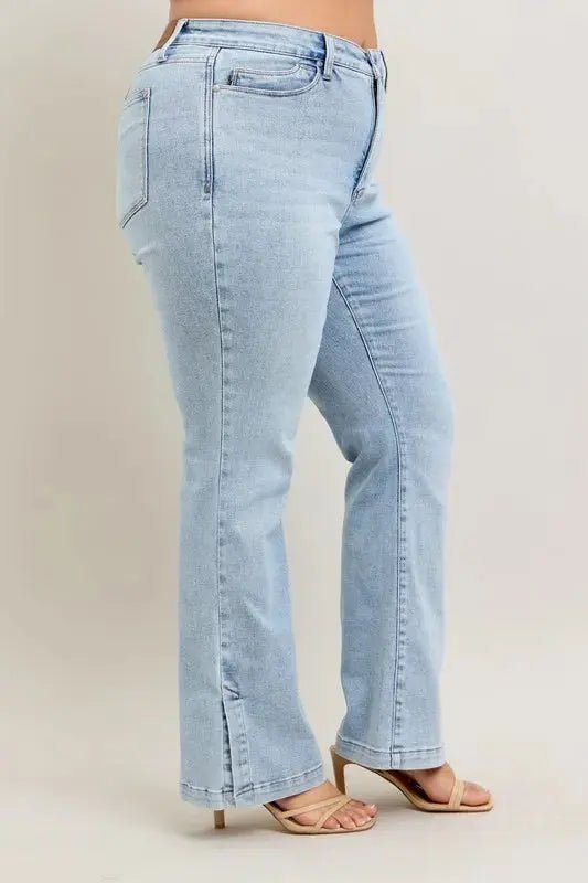 Judy Blue Full Size Tummy Control Vintage Wash Side Slit Slim Boot Jeans Plus Size - Charmdeals