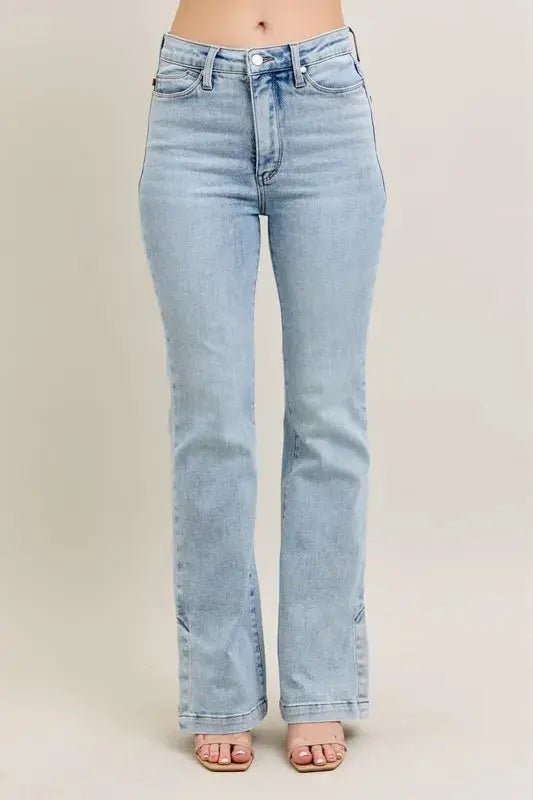 Judy Blue Full Size Tummy Control Vintage Wash Side Slit Slim Boot Jeans Plus Size - Charmdeals