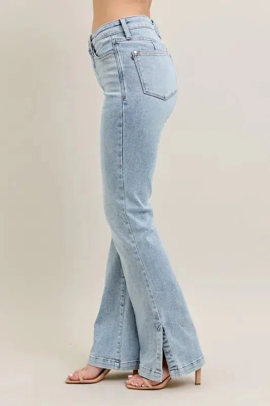 Judy Blue Full Size Tummy Control Vintage Wash Side Slit Slim Boot Jeans Plus Size - Charmdeals