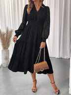 Lace Detail Lantern Sleeve Tiered Dress - Charmdeals