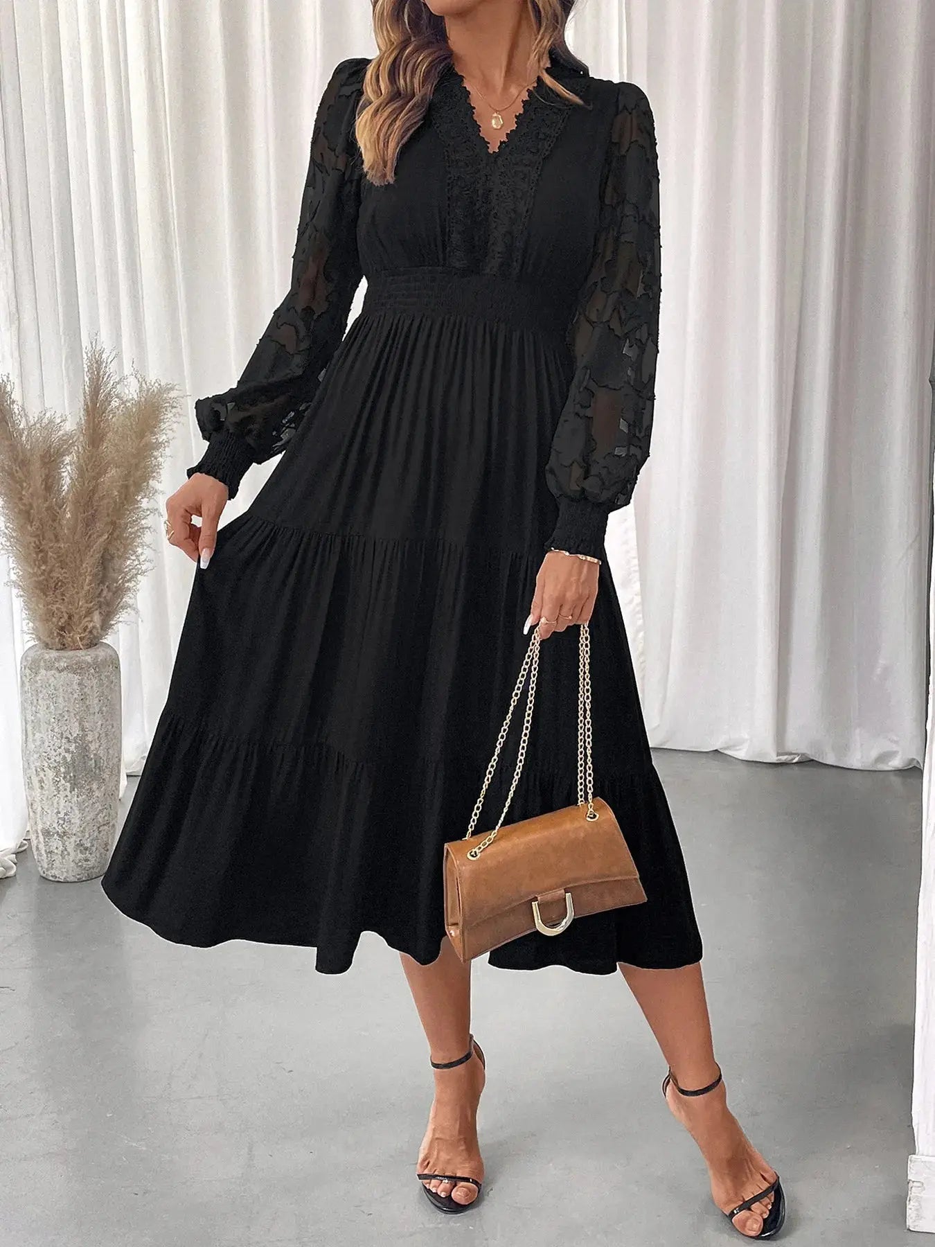 Lace Detail Lantern Sleeve Tiered Dress - Charmdeals