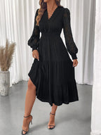 Lace Detail Lantern Sleeve Tiered Dress - Charmdeals