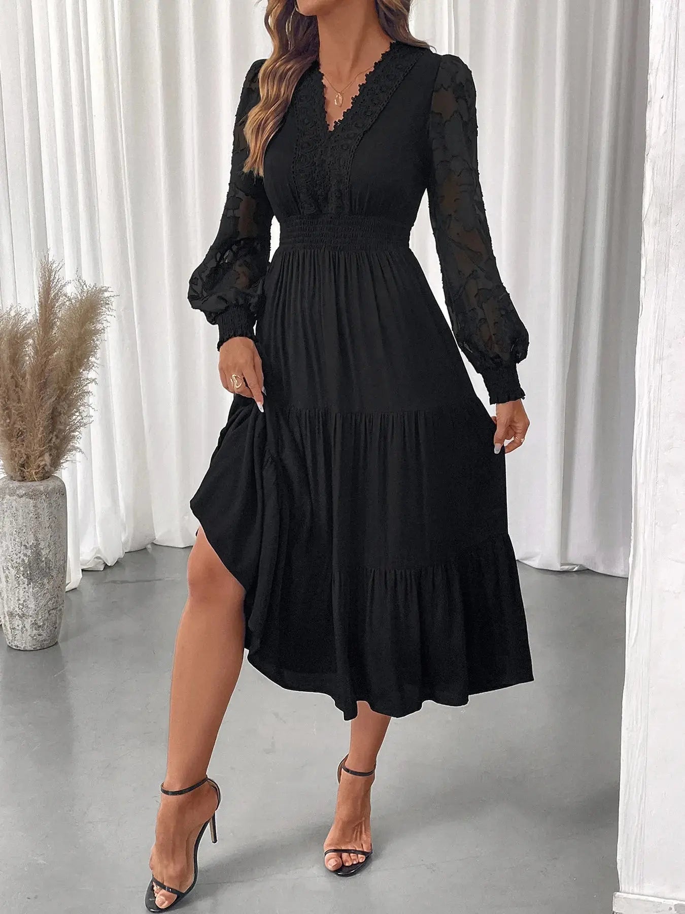 Lace Detail Lantern Sleeve Tiered Dress - Charmdeals