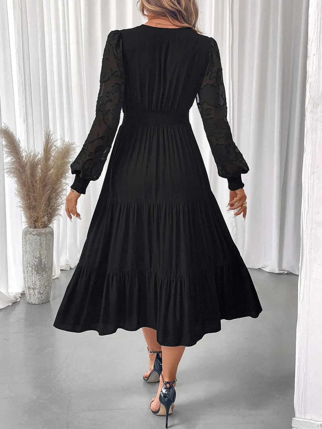 Lace Detail Lantern Sleeve Tiered Dress - Charmdeals