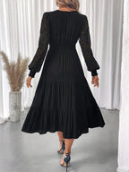 Lace Detail Lantern Sleeve Tiered Dress - Charmdeals