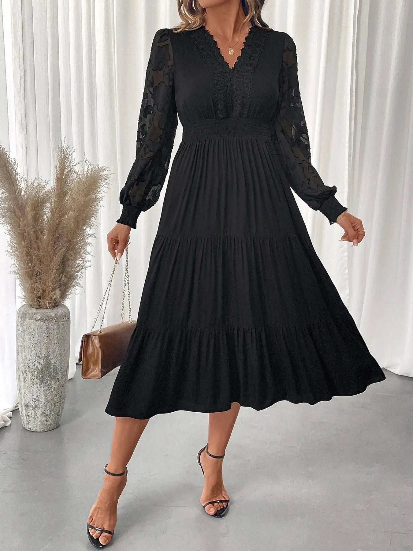 Lace Detail Lantern Sleeve Tiered Dress - Charmdeals