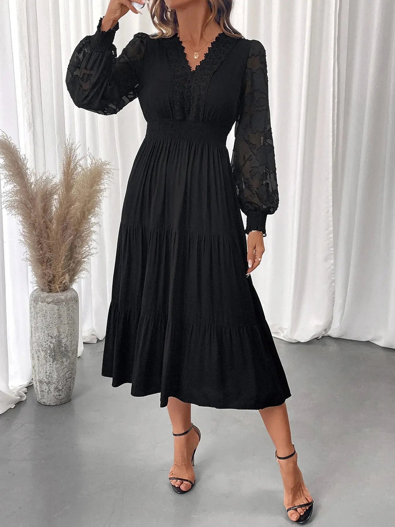 Lace Detail Lantern Sleeve Tiered Dress - Charmdeals