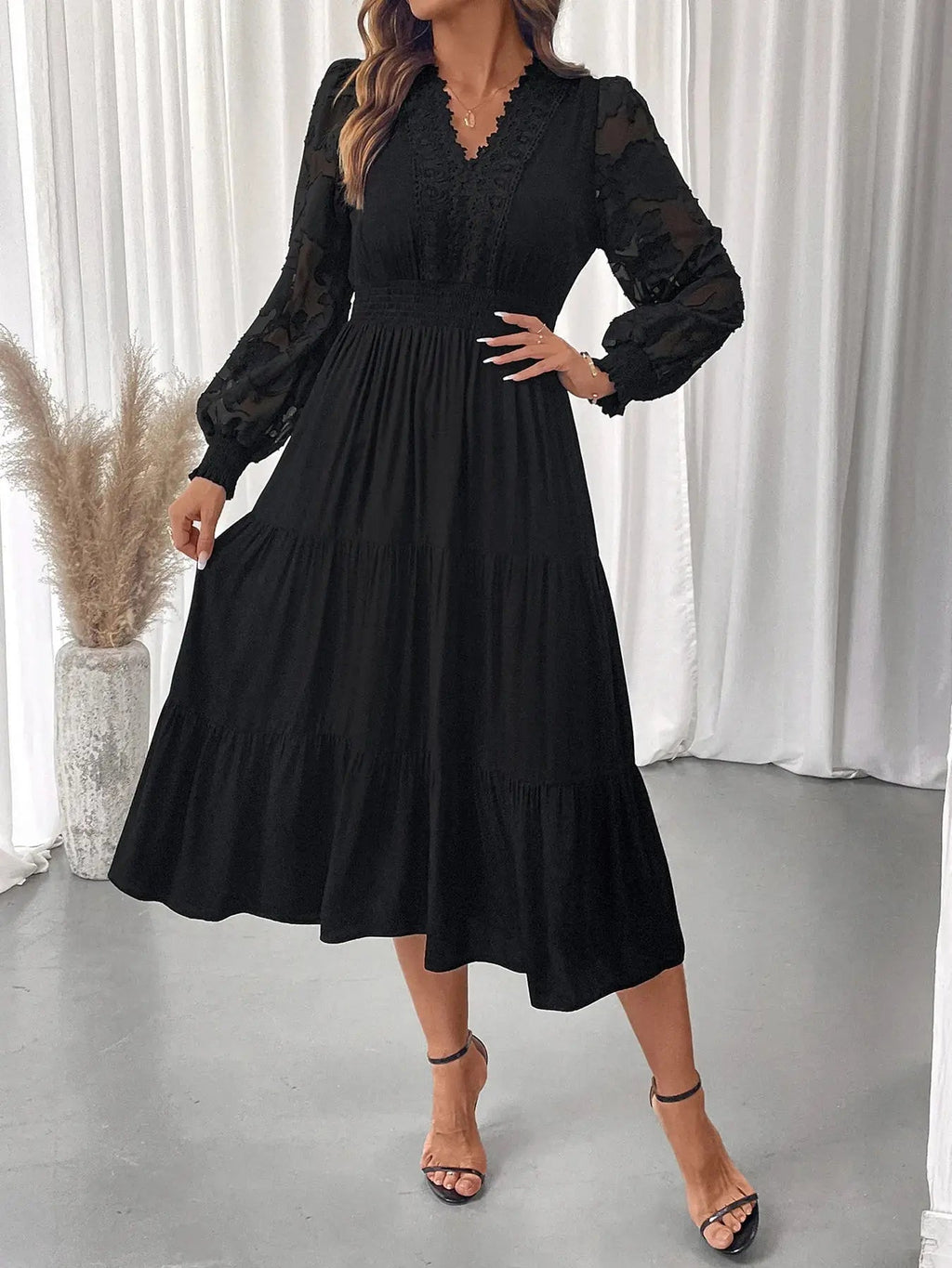 Lace Detail Lantern Sleeve Tiered Dress - Charmdeals