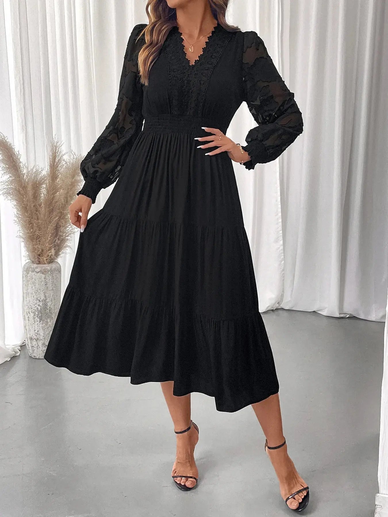 Lace Detail Lantern Sleeve Tiered Dress - Charmdeals