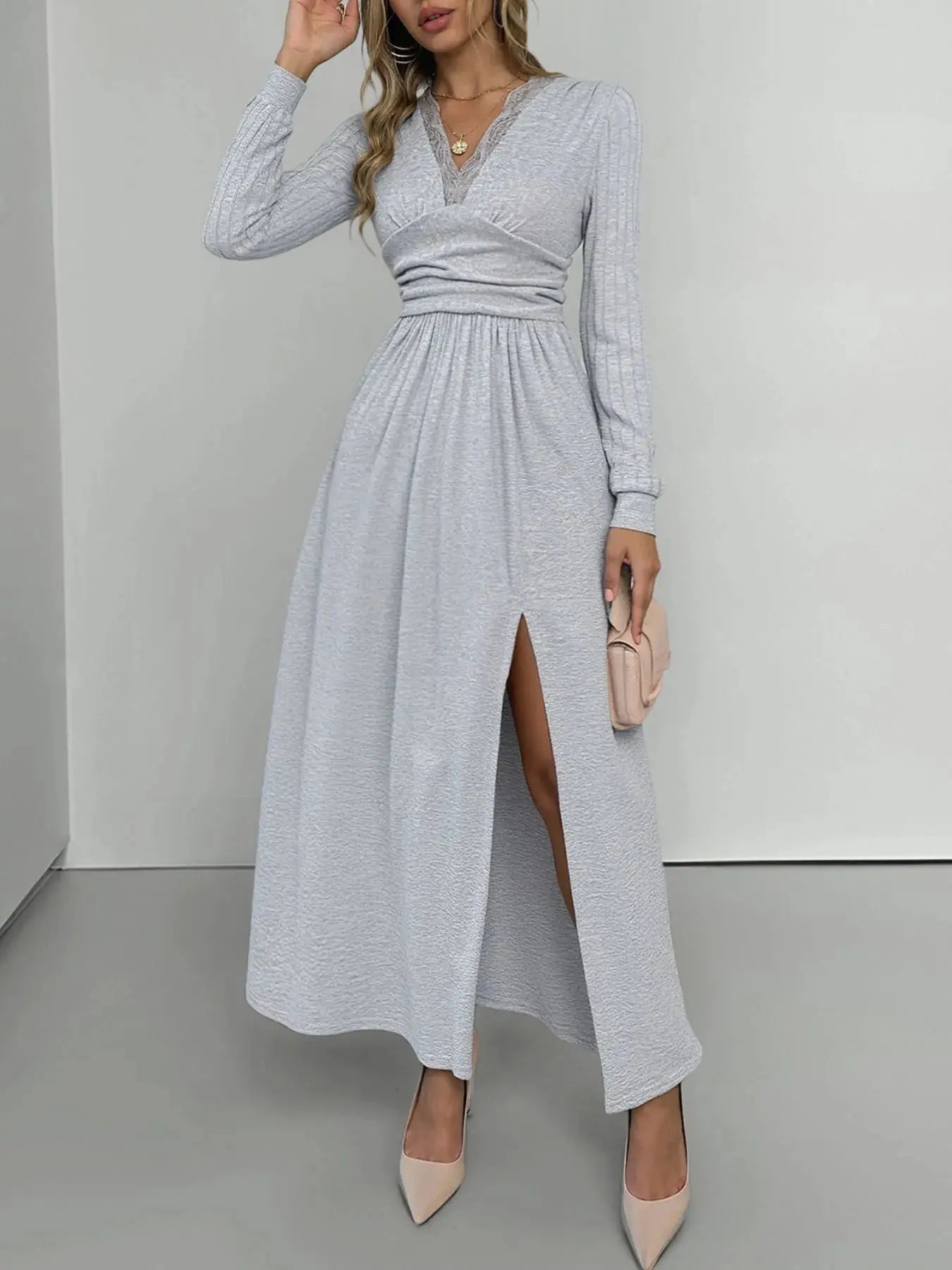 Lace Detail V - Neck Maxi Dress with Side Slit - Charmdeals