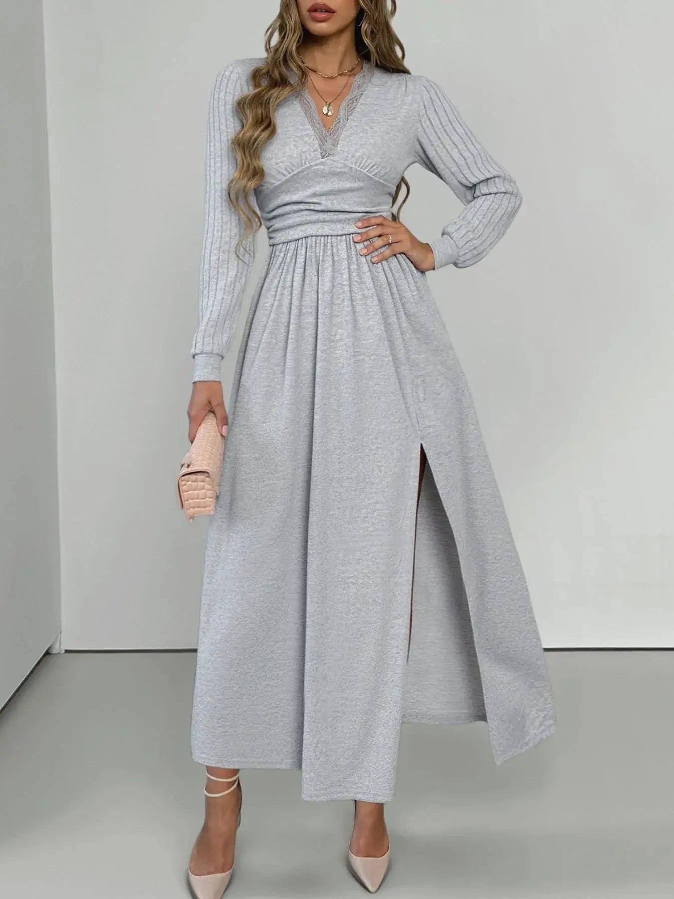 Lace Detail V - Neck Maxi Dress with Side Slit - Charmdeals