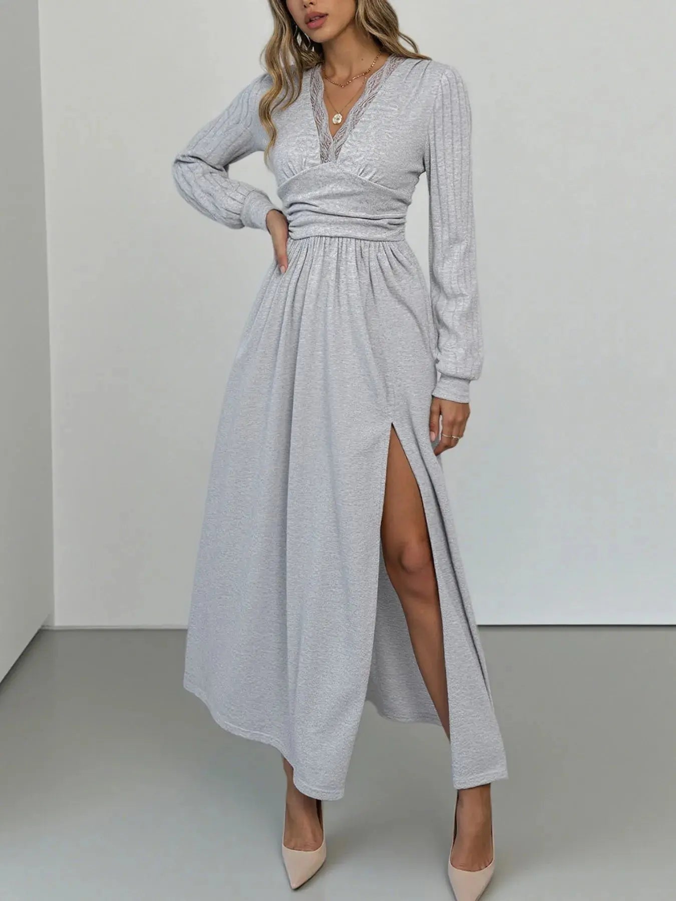 Lace Detail V - Neck Maxi Dress with Side Slit - Charmdeals