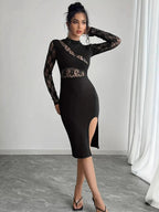 Lace Mock Neck Slit Dress - Charmdeals