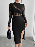 Lace Mock Neck Slit Dress - Charmdeals