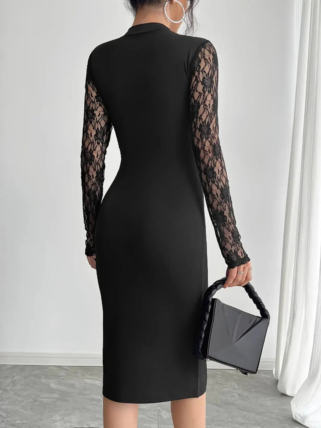 Lace Mock Neck Slit Dress - Charmdeals