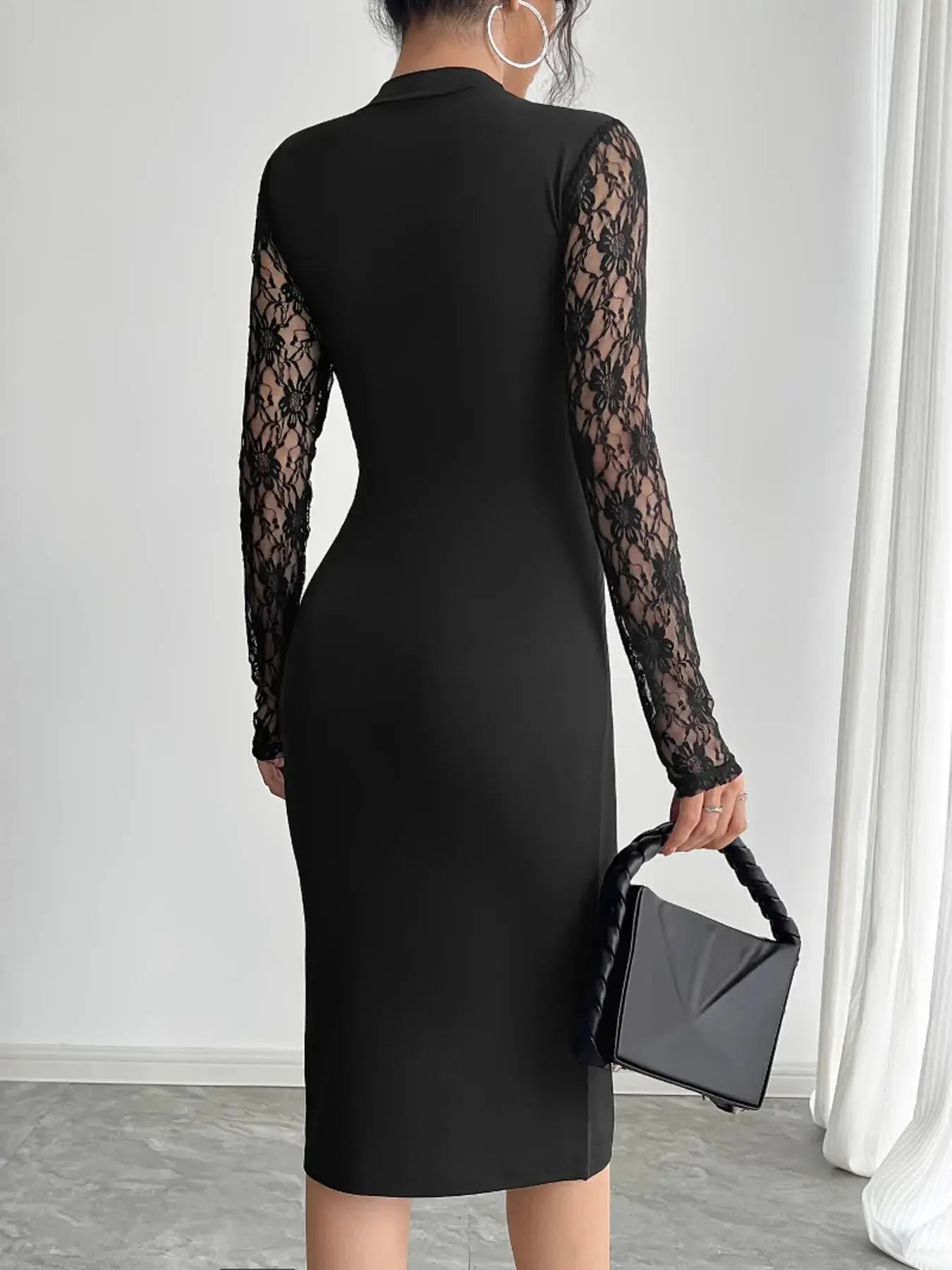 Lace Mock Neck Slit Dress - Charmdeals