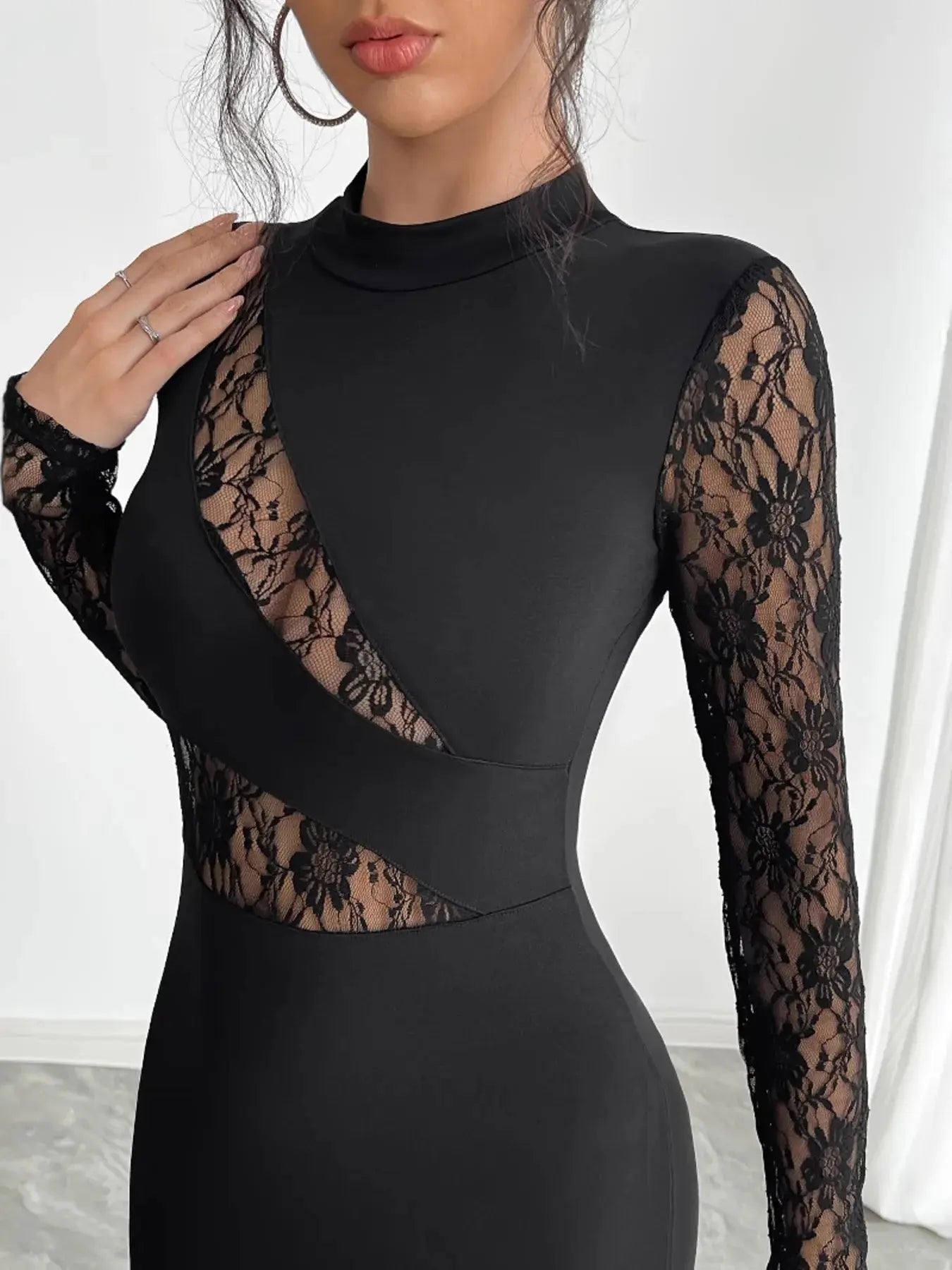 Lace Mock Neck Slit Dress - Charmdeals