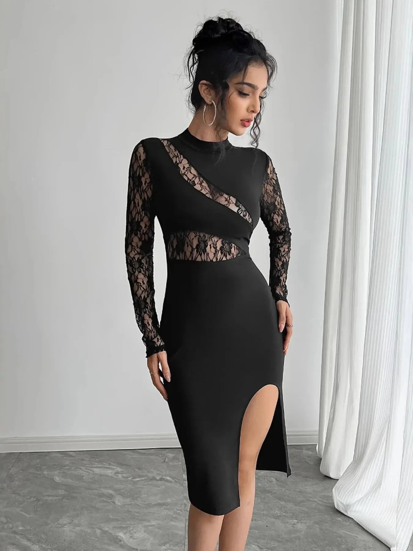 Lace Mock Neck Slit Dress - Charmdeals