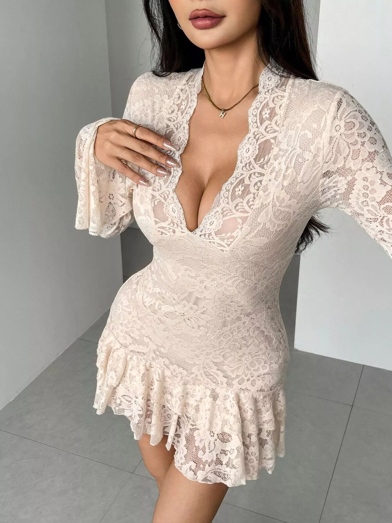 Lace Ruffle Hem Mini Dress - Charmdeals
