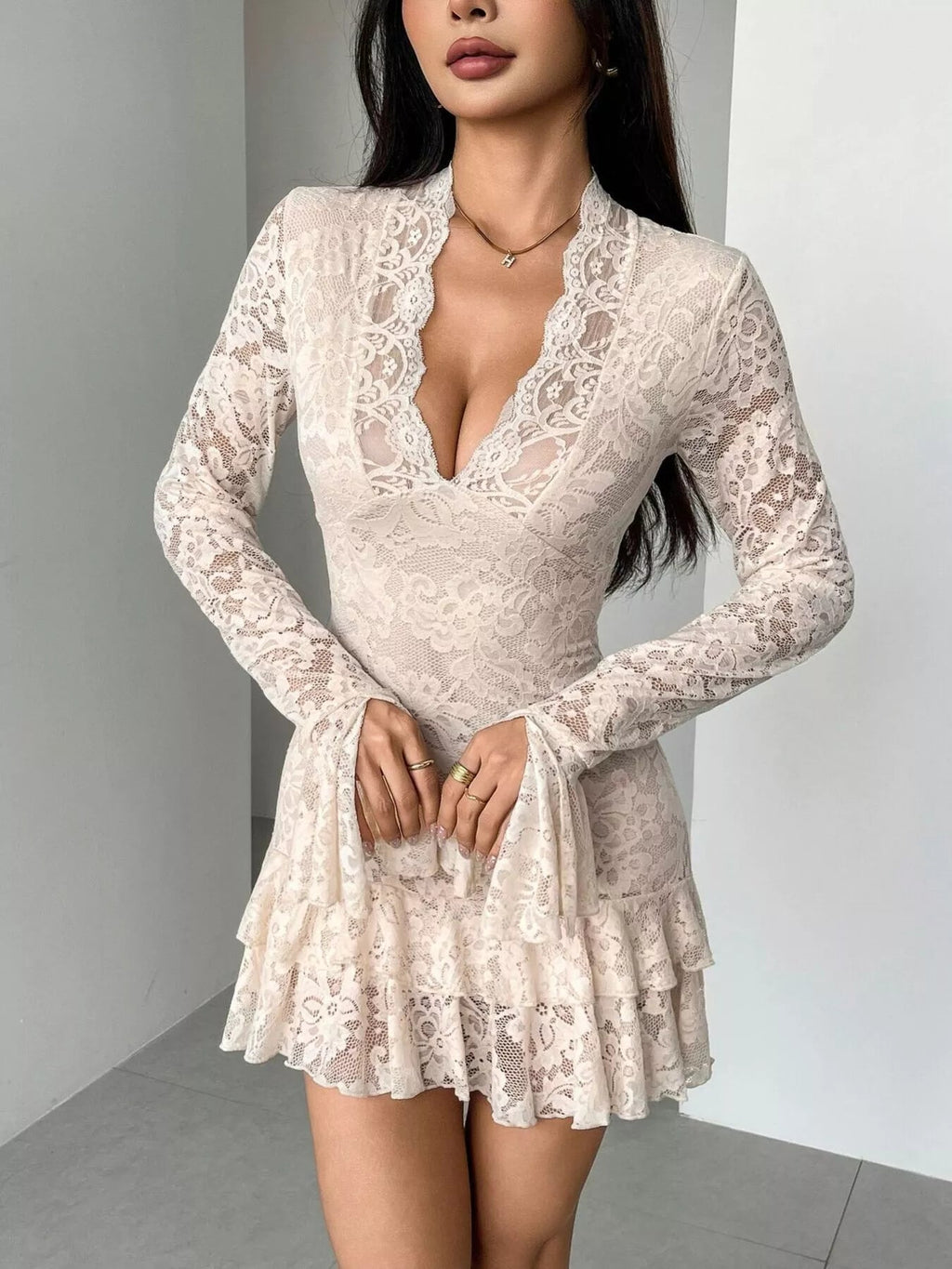 Lace Ruffle Hem Mini Dress - Charmdeals