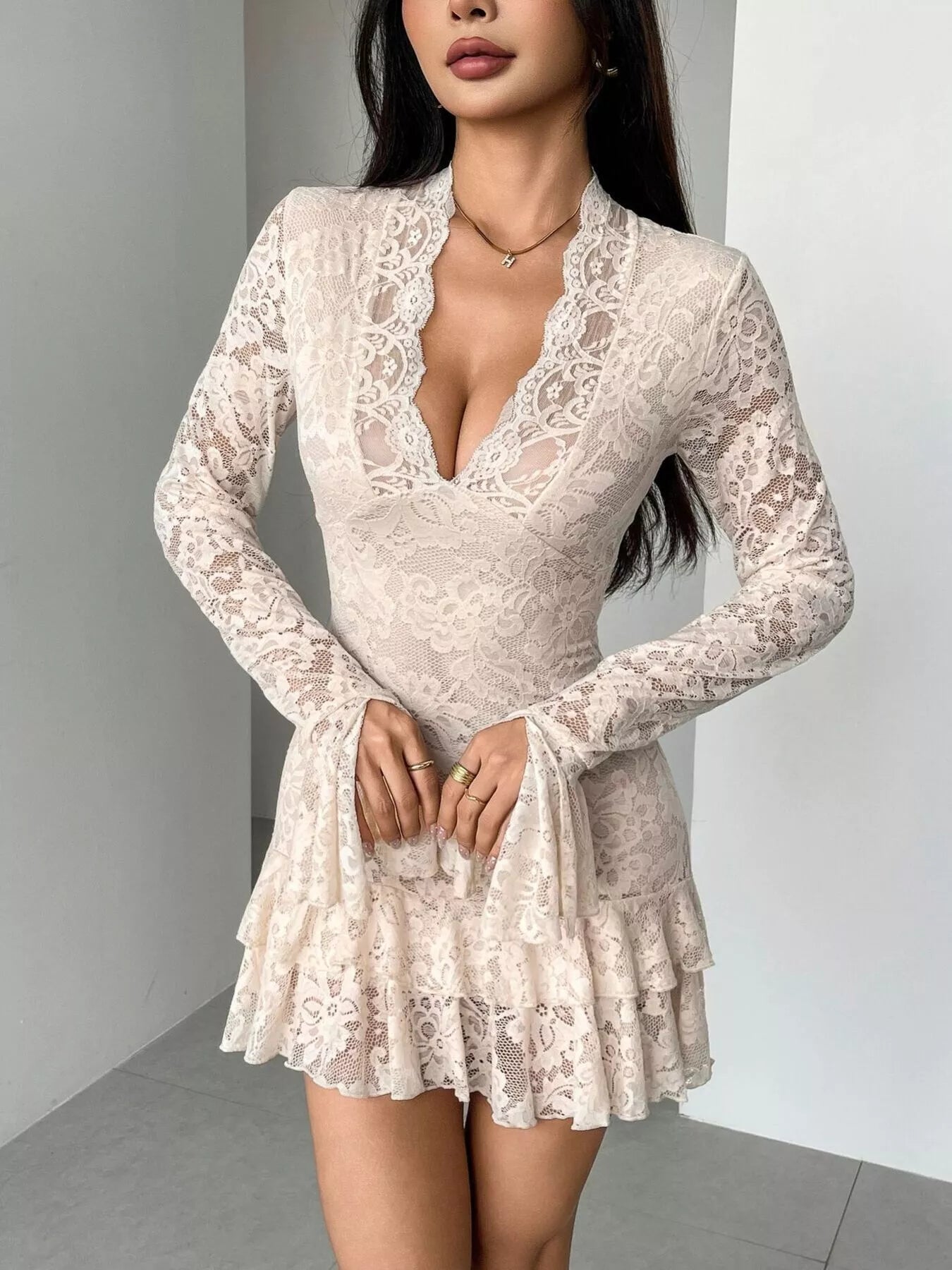 Lace Ruffle Hem Mini Dress - Charmdeals