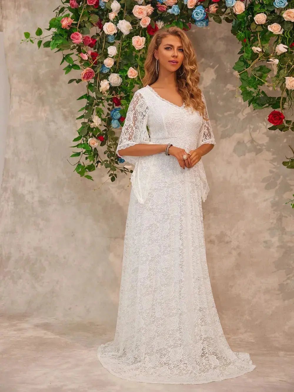 Lace V - Neck Floor length Dress - Charmdeals