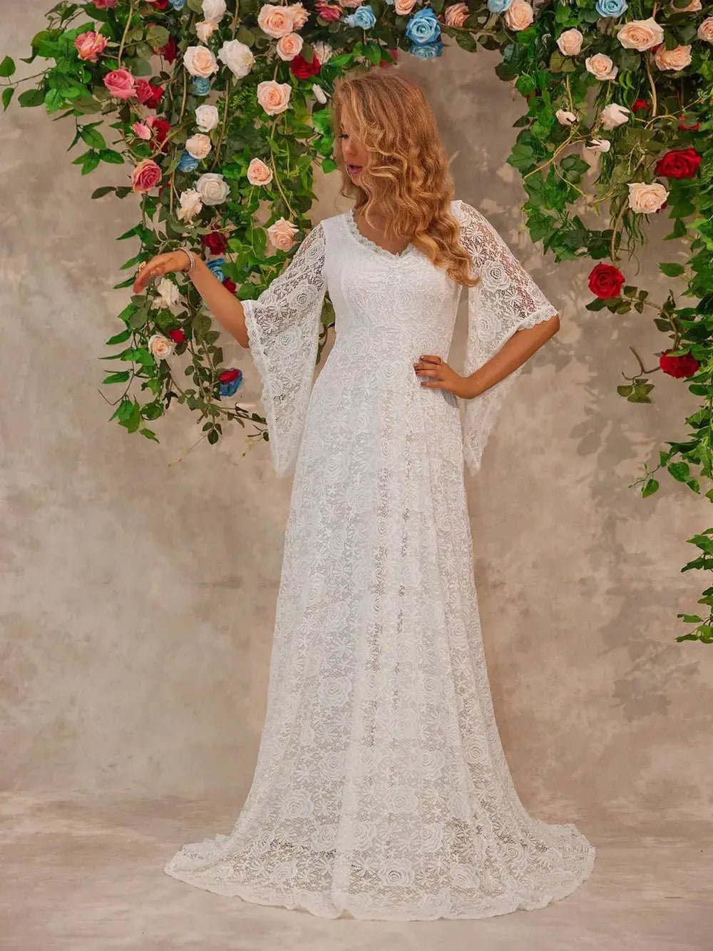 Lace V - Neck Floor length Dress - Charmdeals