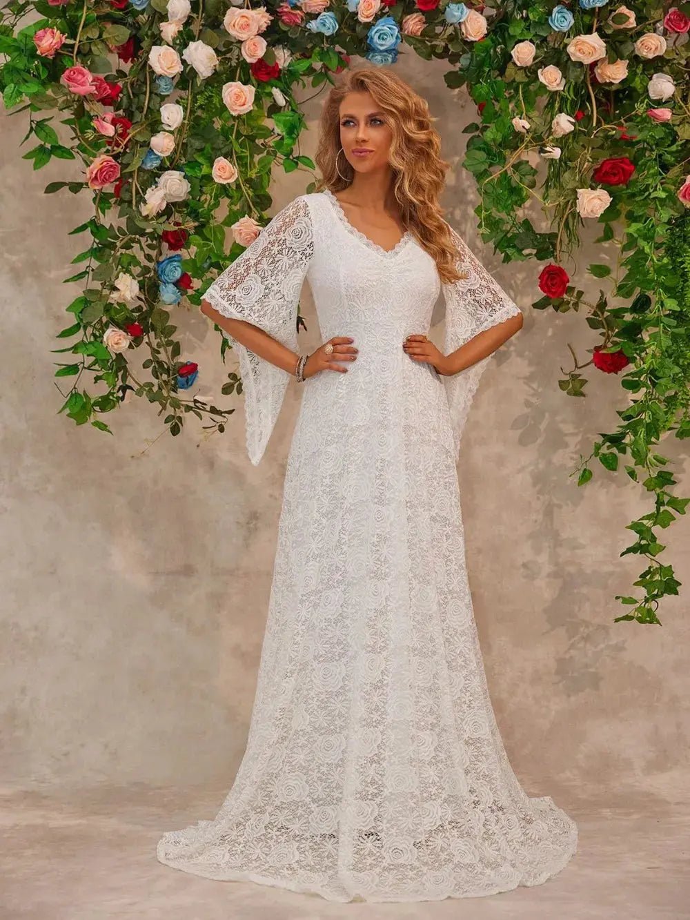 Lace V - Neck Floor length Dress - Charmdeals