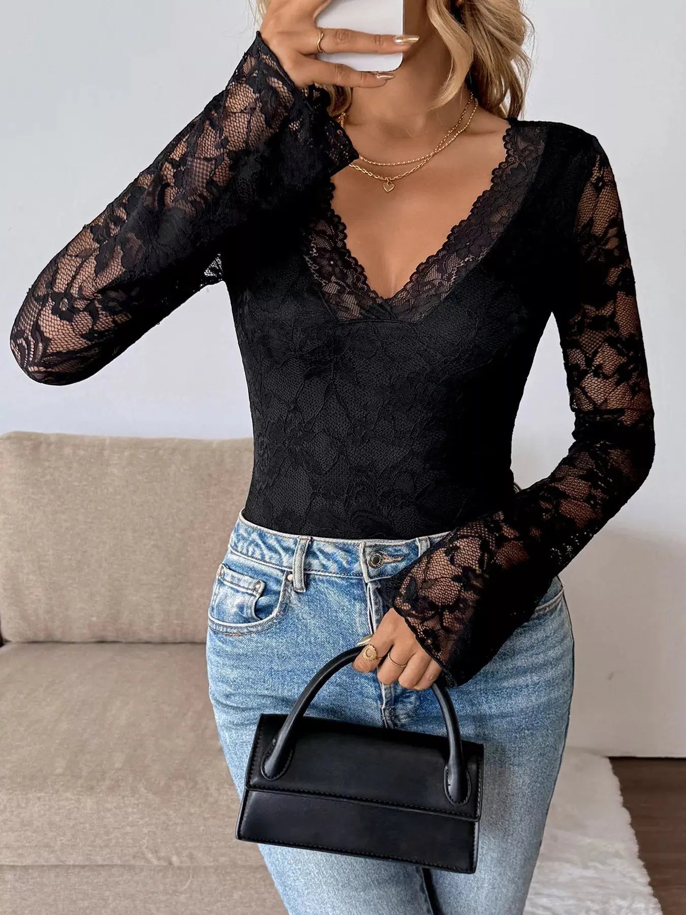 Lace V - Neck Long Sleeve T-Shirt - Charmdeals