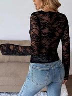 Lace V - Neck Long Sleeve T-Shirt - Charmdeals