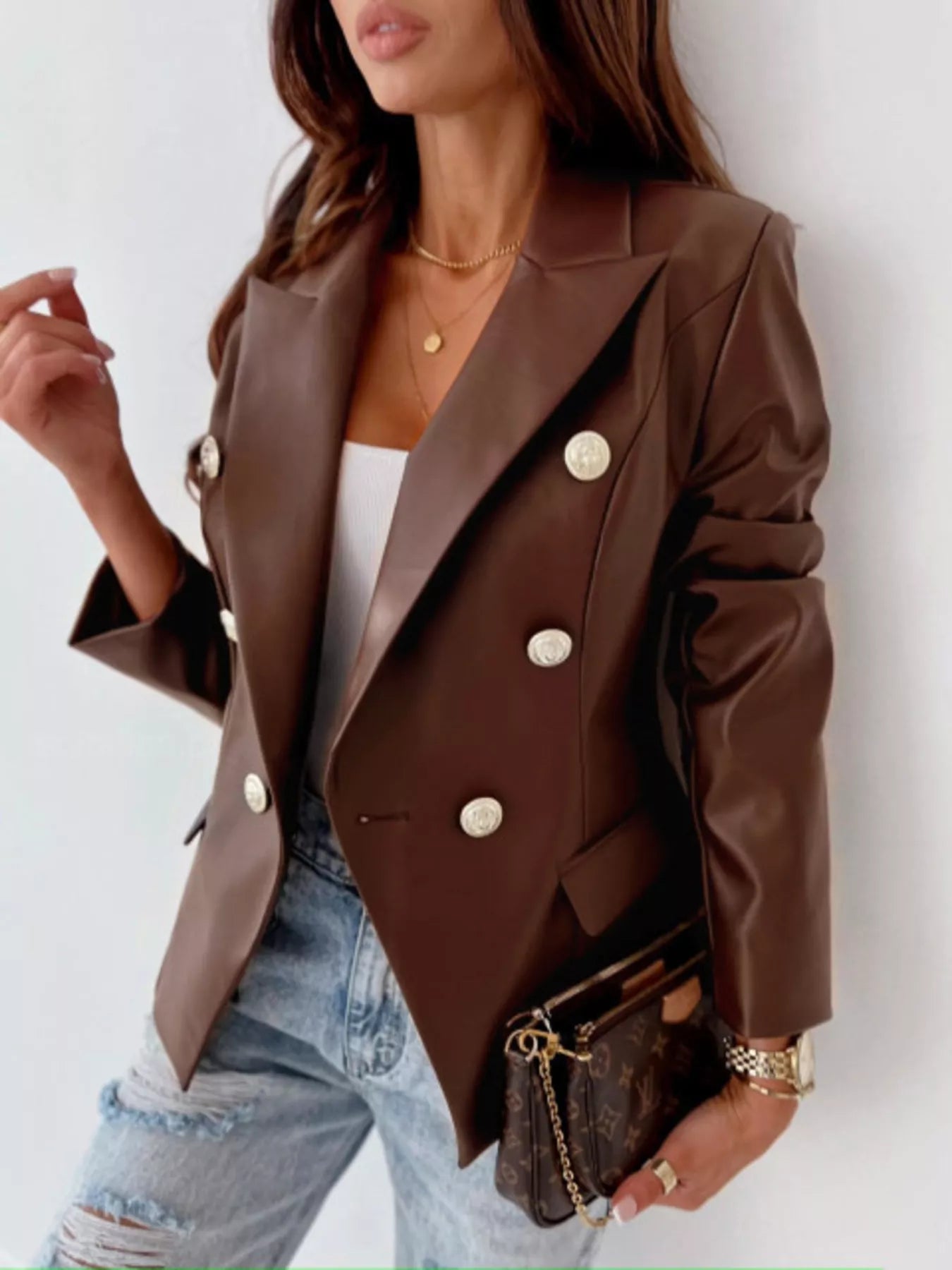 Lapel Collar Leather Blazer - Charmdeals