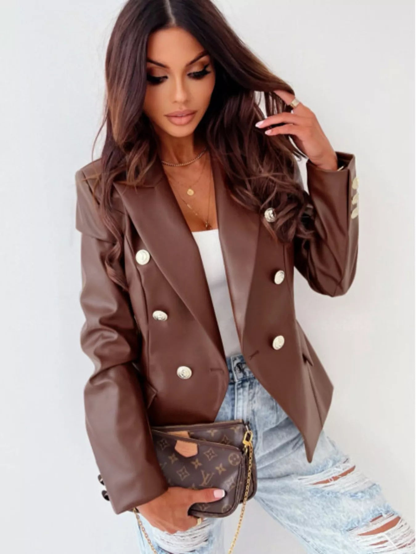 Lapel Collar Leather Blazer - Charmdeals