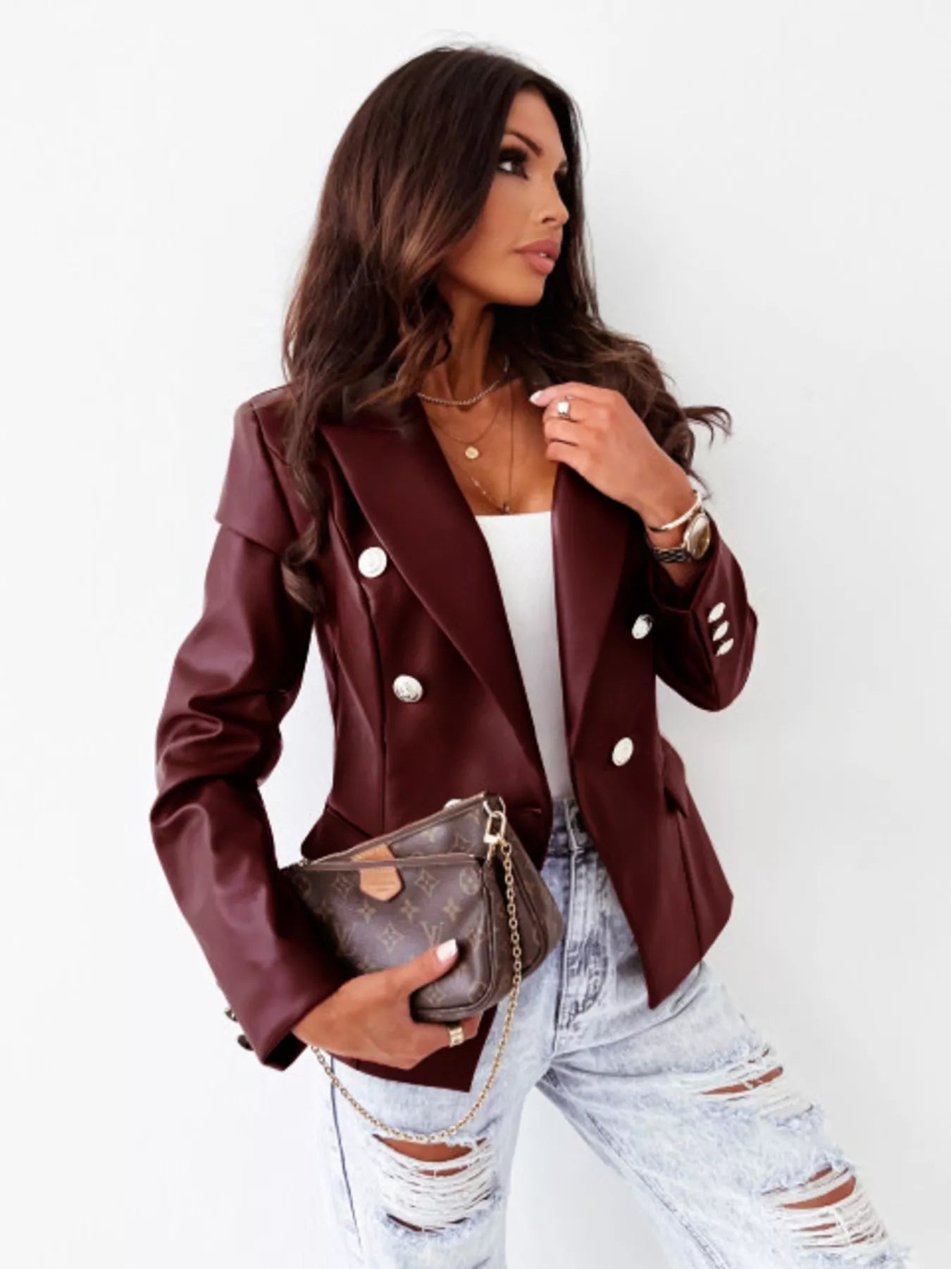 Lapel Collar Leather Blazer - Charmdeals