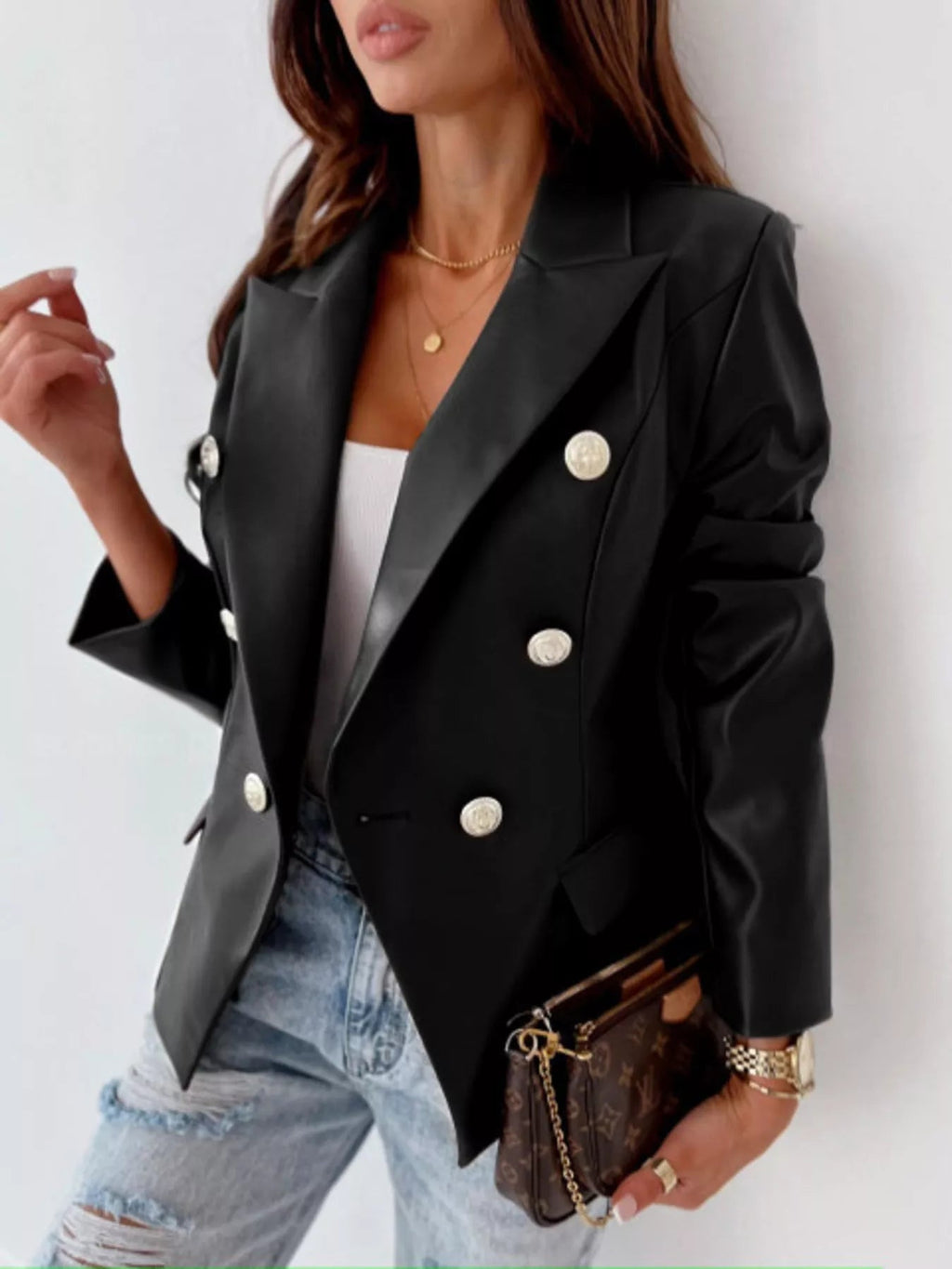 Lapel Collar Leather Blazer - Charmdeals