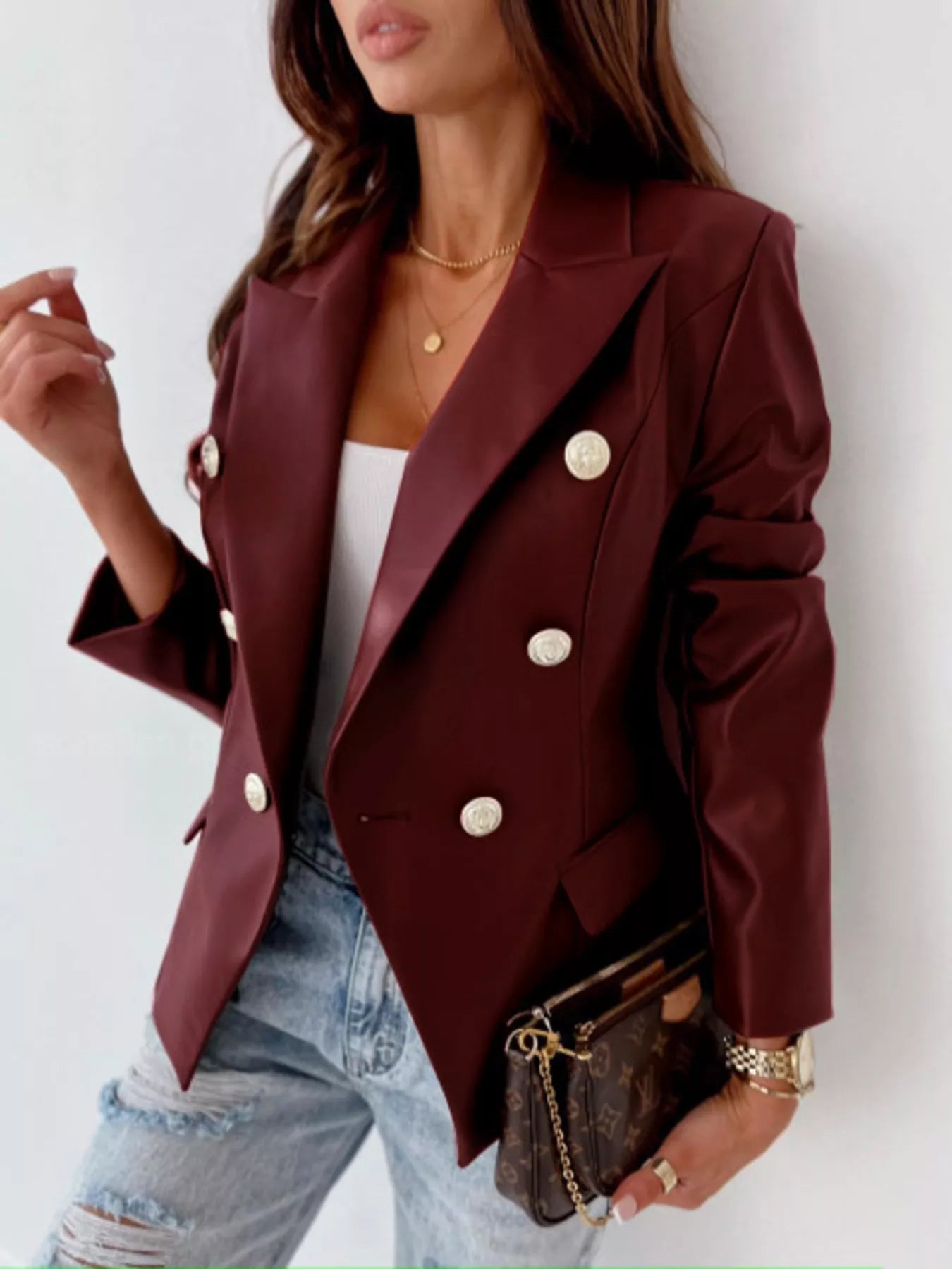 Lapel Collar Leather Blazer - Charmdeals