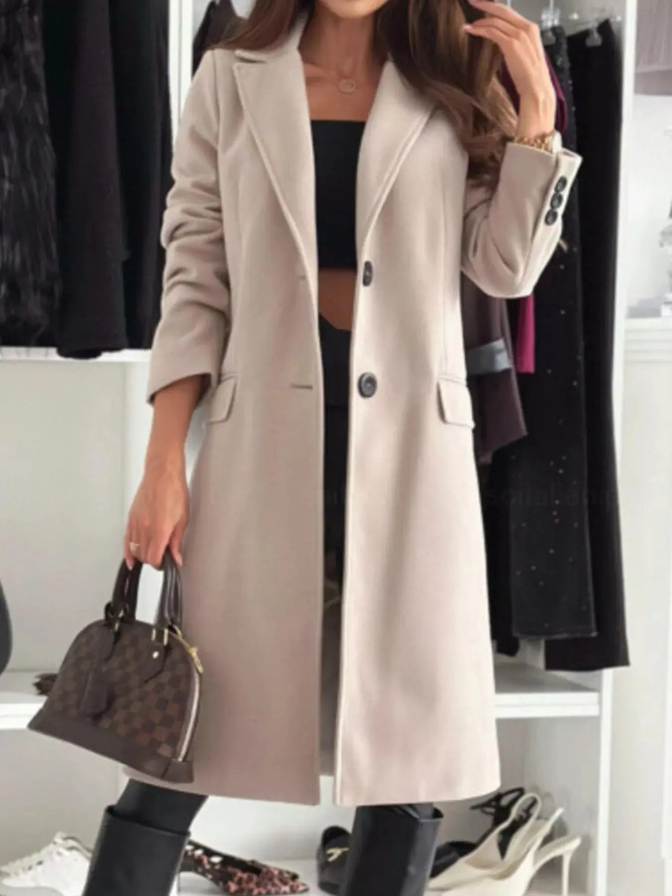 Lapel Collar Long Sleeve Coat - Charmdeals