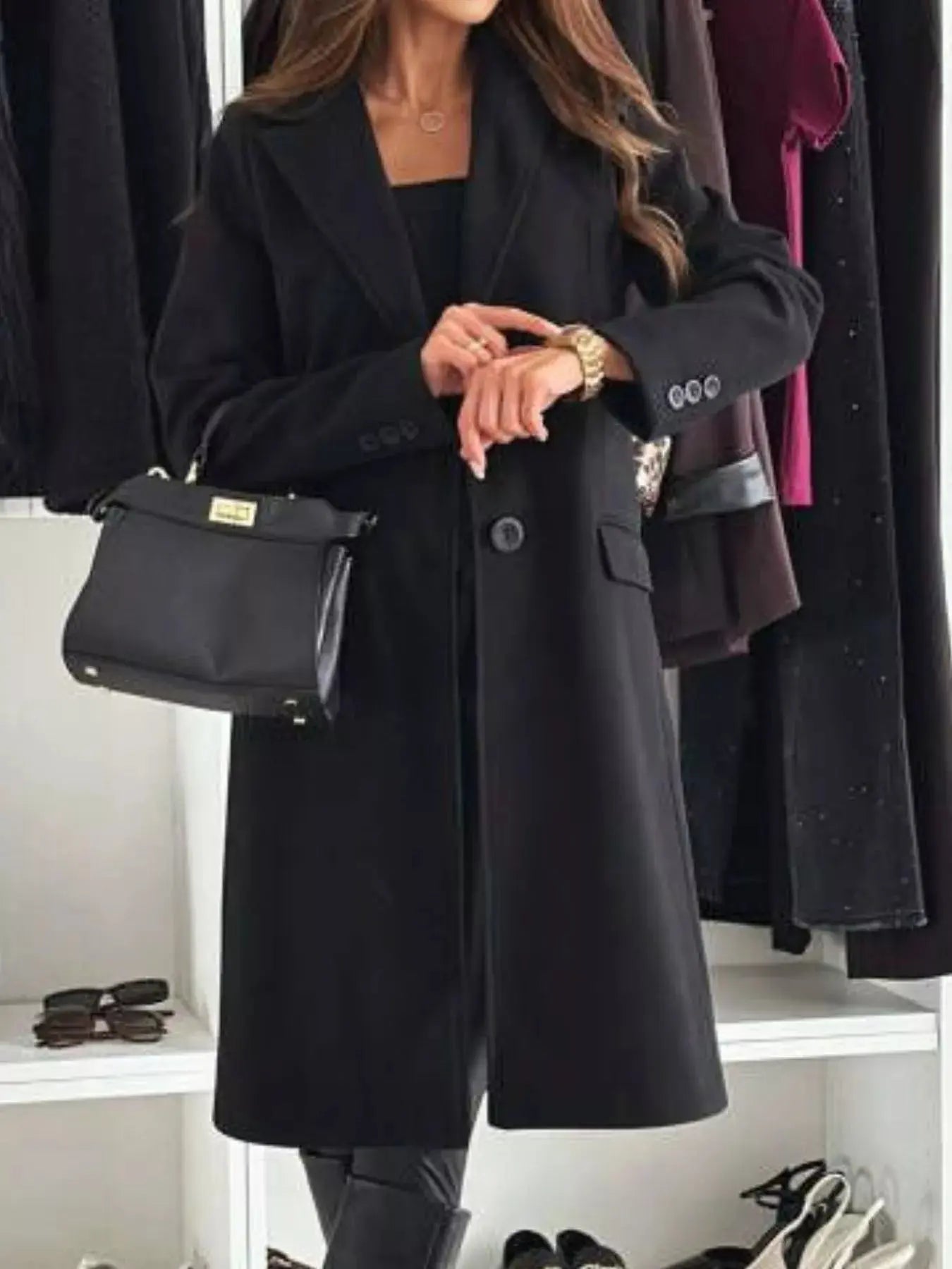 Lapel Collar Long Sleeve Coat - Charmdeals