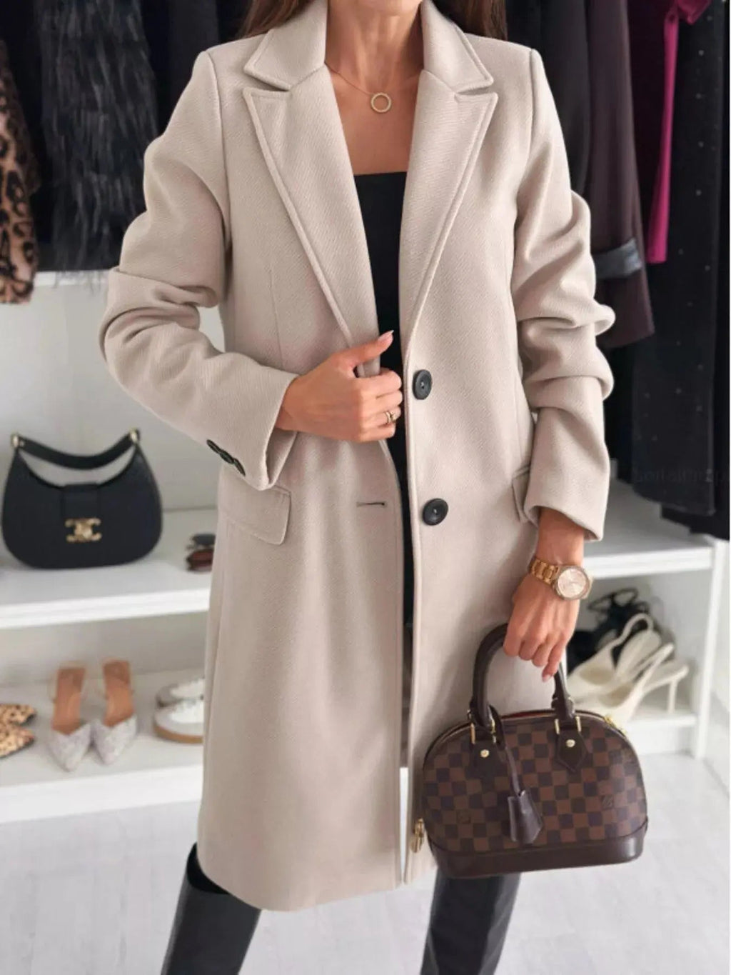 Lapel Collar Long Sleeve Coat - Charmdeals