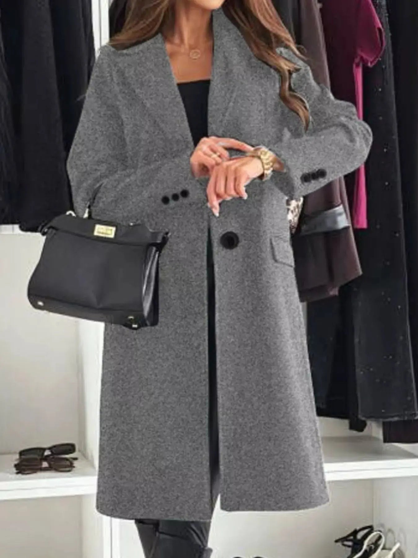 Lapel Collar Long Sleeve Coat - Charmdeals