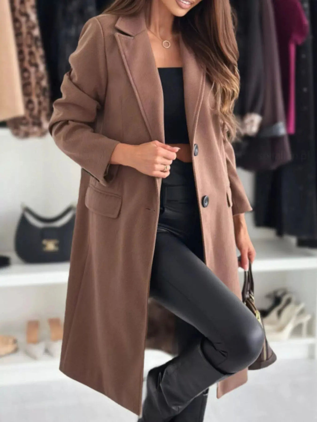Lapel Collar Long Sleeve Coat - Charmdeals